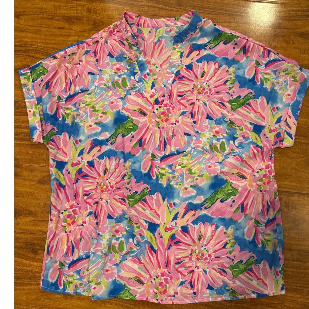 Lilly Pulitzer Pink Blue Floral Split Neck Cuffed Short Sleeve Blouse Top L